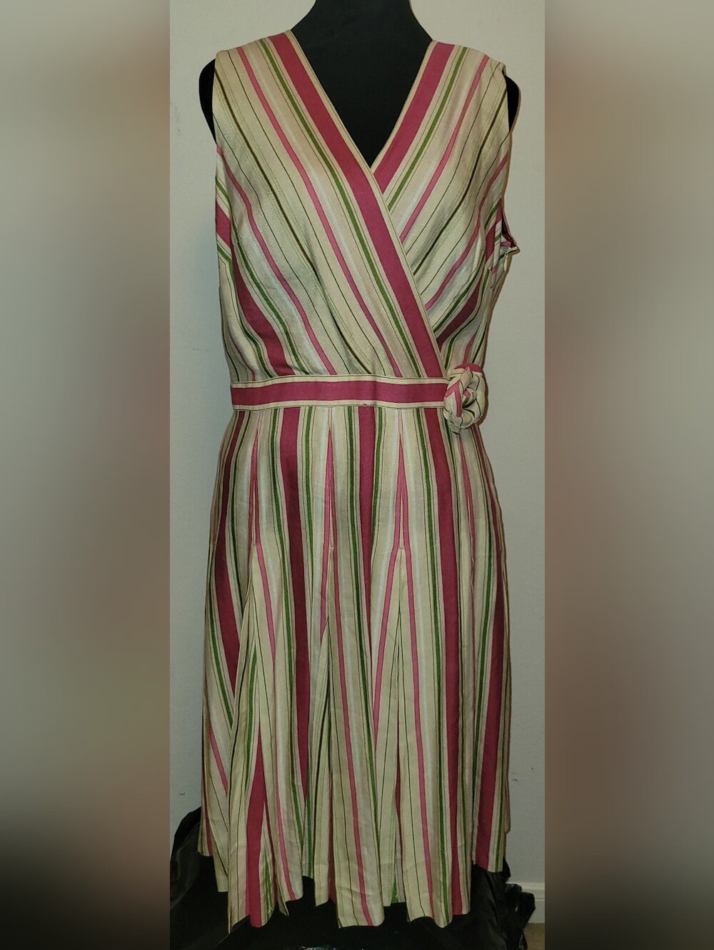 Adrianna Papell Striped Wrap Midi Dress in Pink, Green and Cream